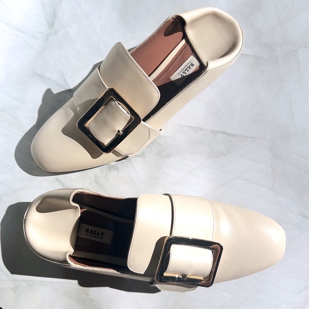 EUC Bally Janelle Leather Slip-On Gold Buckle Loafers, Size 37.5